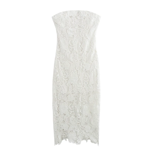 Robe Midi Élégante En Dentelle Blanche Sans Bretelles Sans Manches Coupe Ajustée Taille Haute Style Français Femmes