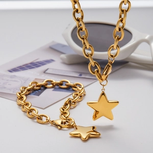 Elegant gold stainless steel chunky chain jewelry set with star pendants for women