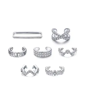 7-piece 925 sterling silver ear cuff set with pavé cubic zirconia on white background
