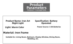 Technical specifications of the LED iron night light showing warm light and battery power