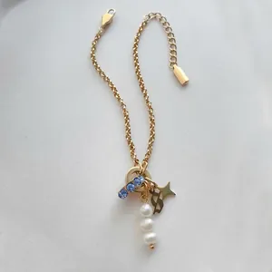 Stainless Steel Bracelet With Star Letter Artificial Pearl Blue Rhinestone Pendants 14K Gold Plated Women Fashion Jewelry