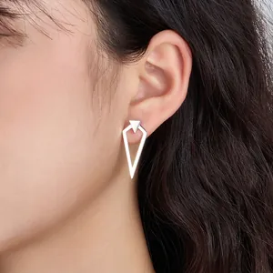Minimalist S925 sterling silver double triangle geometric earrings worn by model