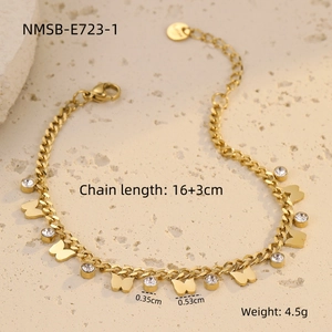 Macro shot of gold butterfly zircon bracelet with detailed length and weight specs