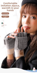 Detail of convertible knitted gloves with flip top and branded leather patch