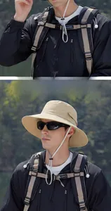 Outdoor sun hat featuring a wide brim and adjustable wind rope for hiking and camping