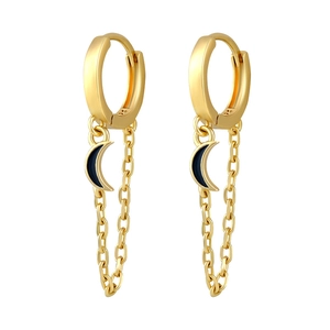 Detail of S925 silver needle earrings featuring black crescent moon and gold chain tassels