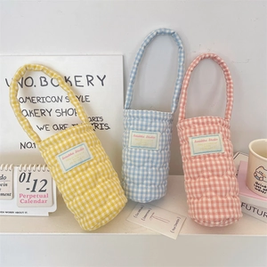 Quilted checkerboard water bottle carrier bags in yellow, blue and pink pastel colors