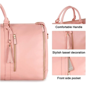 Pink PU leather travel duffel bag for women with tassel detail and front storage pocket