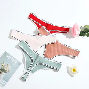Women Ribbed Cotton Thong Low Rise Breathable Panties Letter Print Elastic Waistband G-String Comfort