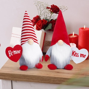 Valentine Gnomes set with Be Mine and Kiss Me hearts in festive indoor decoration