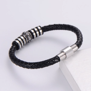 Men's black braided leather bracelet with vintage engraved stainless steel charms
