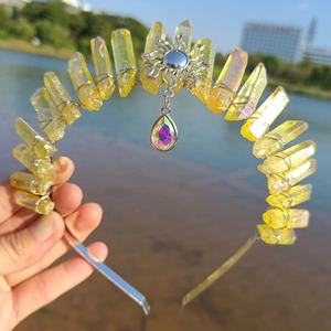 Handcrafted crystal sun tiara with yellow stones and iridescent drop pendant crown