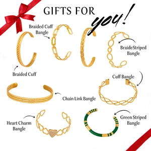 Collection of golden bamboo and enamel bangles featuring chic geometric heart patterns