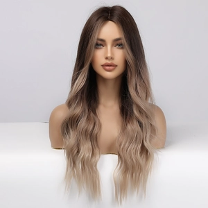 Detail view of long wavy wig with ombre dark brown to light linen blonde curls