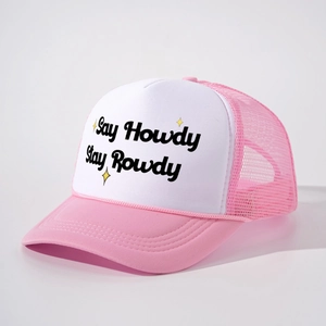 Pink and white Say Howdy Stay Rowdy trucker hat with sponge mesh and adjustable strap
