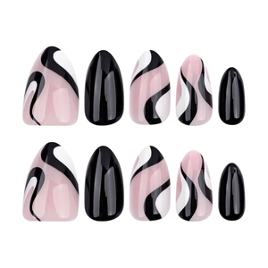 Short almond press-on nails with minimalist black gloss and abstract wave pattern