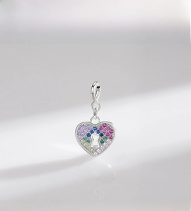 Macro shot of S925 sterling silver heart lock pendant with colorful zircon stones