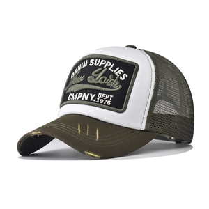 Army green and white trucker hat with 3D New York embroidery and distressed brim details