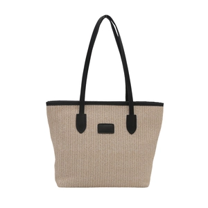 Sac fourre-tout en paille beige avec lanières en cuir noir pour plage d'été
