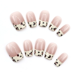 Short French leopard print press-on nails set with 10 pieces on white background