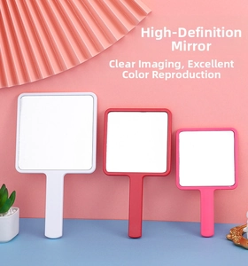 Three sizes of square handheld makeup mirrors in white, red and pink colors