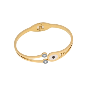 Gold evil eye bracelet with blue enamel inlay and star cutout on stainless steel band