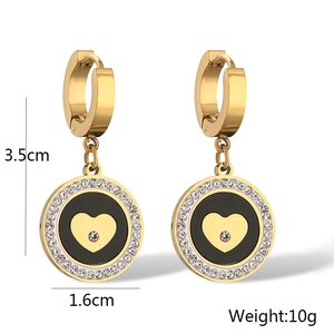 Detailed dimensions of gold zircon heart earrings with black enamel and measurement labels