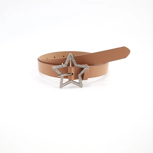 Detailed view of Y2K brown belt featuring a silver star rhinestone buckle and premium leather
