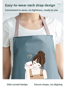 Detail of blue-grey waterproof apron featuring a cute girl print and brown neck strap