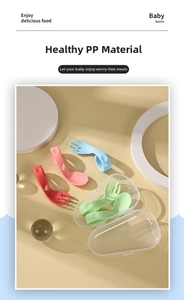 Ergonomic curved baby training spoon and fork set in portable storage case