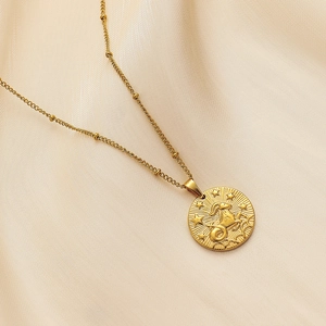 Minimalist stainless steel gold coin necklace with Capricorn zodiac relief on silk