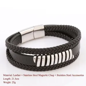 Men's multilayer black braided leather bracelet with stainless steel magnetic clasp