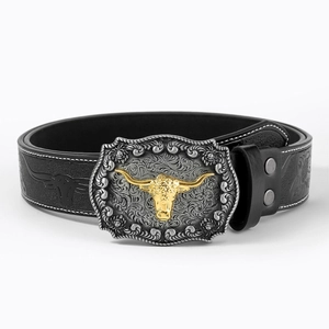Black leather western cowboy belt with silver floral buckle and golden bull head ornament