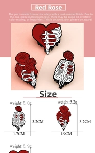 Detail view of gothic skull and rose enamel pin with measurements in centimeters
