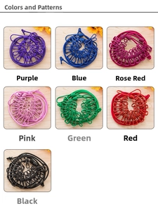 Grid view showing portable travel clotheslines in purple, blue, rose, pink, green, red and black