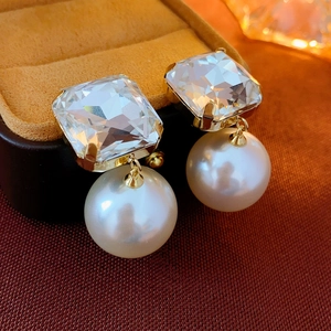 Elegant square crystal and round pearl drop earrings with golden metal base for women
