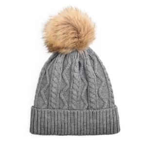 Chunky cable-knit dark grey beanie with a large detachable brown faux fur pom pom