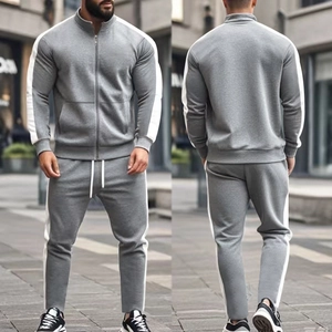 Front and back view of men's gray tracksuit with stand collar and side stripes