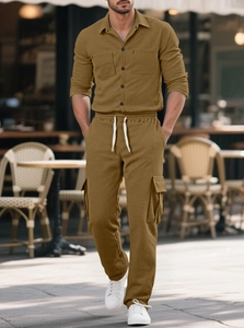Men's khaki corduroy two-piece set with long-sleeve shirt and drawstring cargo pants