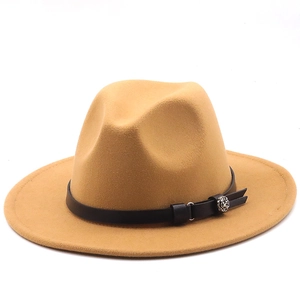 Close-up of camel wool fedora hat featuring flat brim and silver floral buckle detail