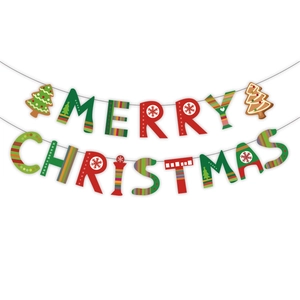 Festive Merry Christmas banner featuring red and green letters with gingerbread man decor