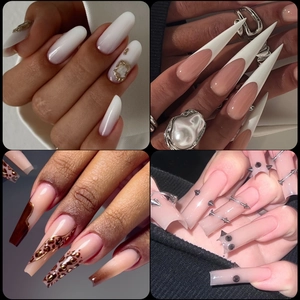 Collage of four diverse nail art styles including French tip, leopard print, and pearl accents