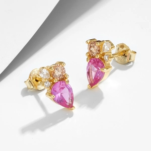 Classic S925 silver gold-plated teardrop pink zircon earrings for women fashion accessory
