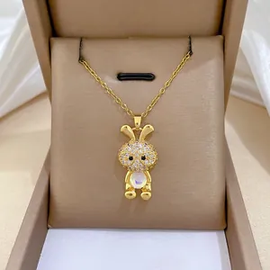 Bunny Pendant Necklace Titanium Steel Chain Copper Micro Pave Zirconia Elegant Cartoon Rabbit Jewelry For Women