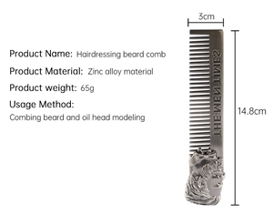 Detail view of a 14.8cm zinc alloy beard comb with vintage embossed figure and dimensions