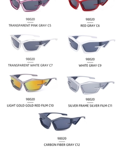 Flat lay display of Y2K futuristic sunglasses model 98020 in seven various frame colors