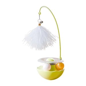 Interactive tumbler cat toy with colorful ball, feathers, and catnip in green and yellow