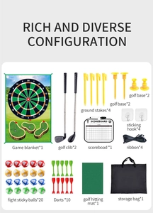 Vista detallada del set de golf infantil con palos, bolas adhesivas y accesorios de tapete