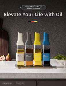 Detailed set of four modular glass oil dispensers with leak-proof spouts and colorful grips