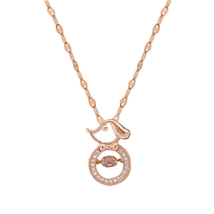 Sparkling rose gold puppy pendant necklace with dancing stone and crystal halo on white background